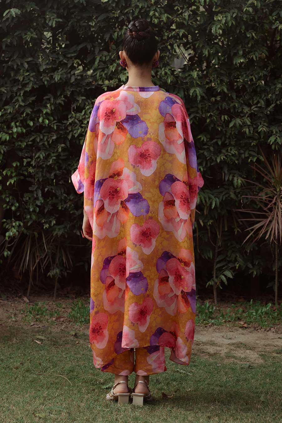 Orange Printed Long Kaftan & Pant Co-Ord Set