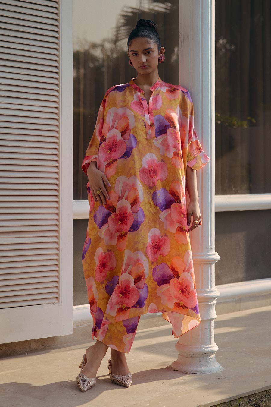 Orange Printed Long Kaftan & Pant Co-Ord Set