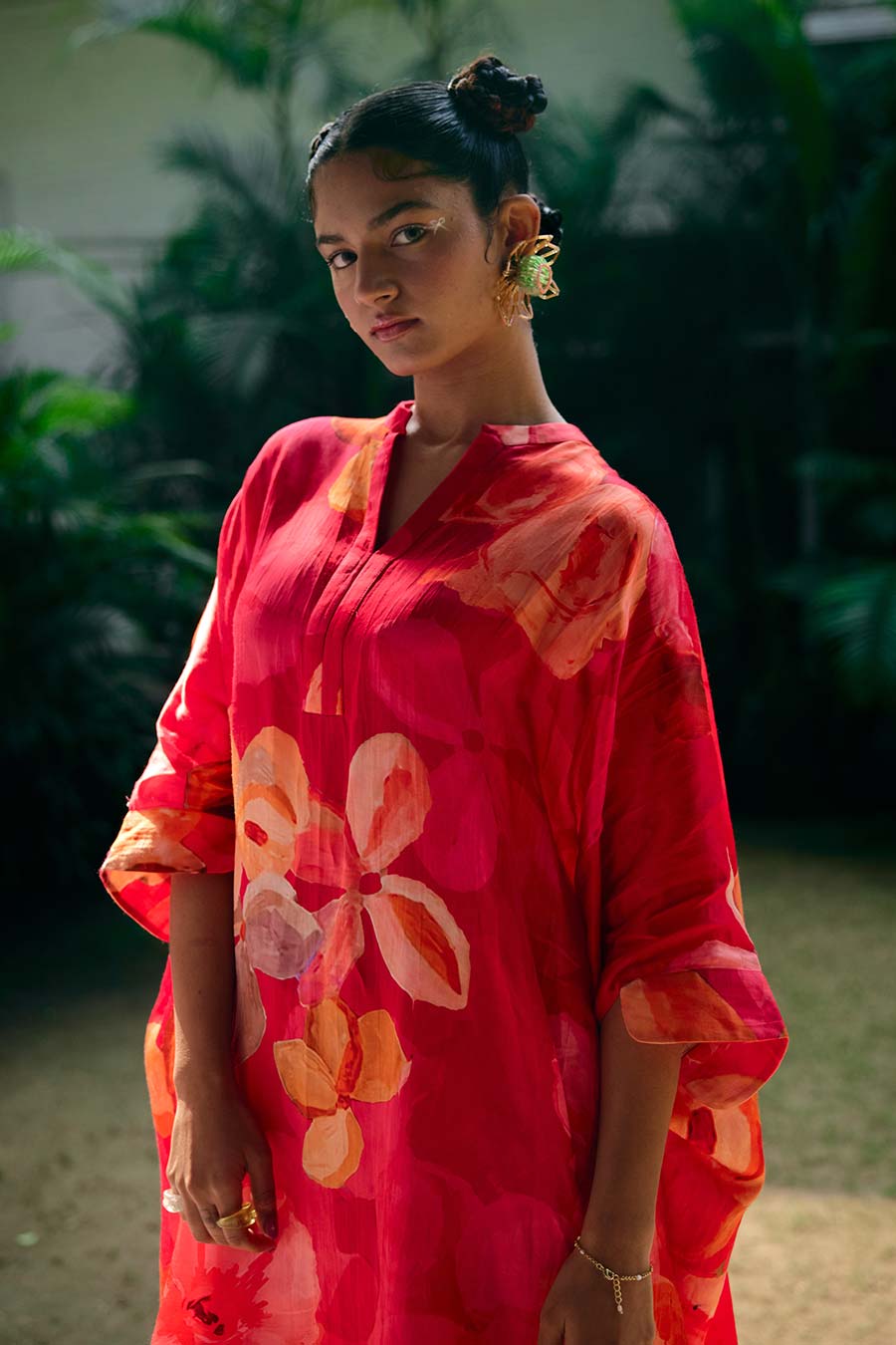 Red Printed Long Kaftan & Pant Co-Ord Set