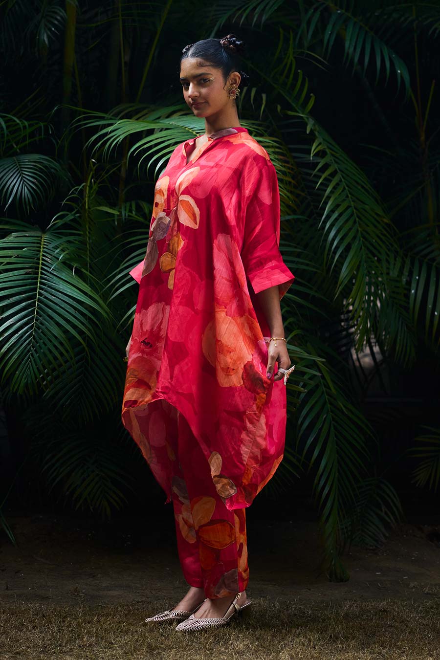 Red Printed Short Kaftan & Pant Co-Ord Set
