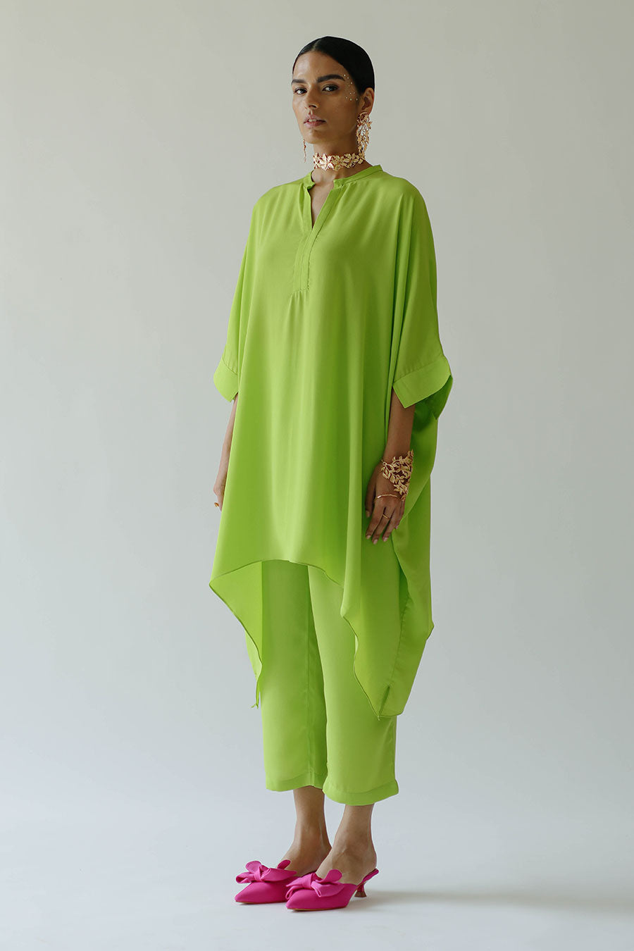 Green Acid Short Kaftan & Pant Set