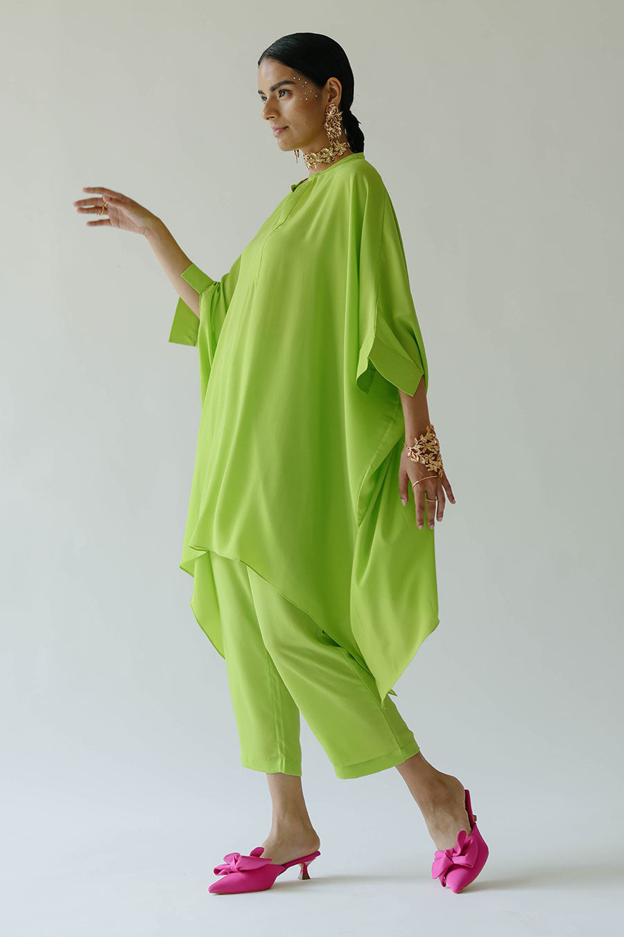 Green Acid Short Kaftan & Pant Set