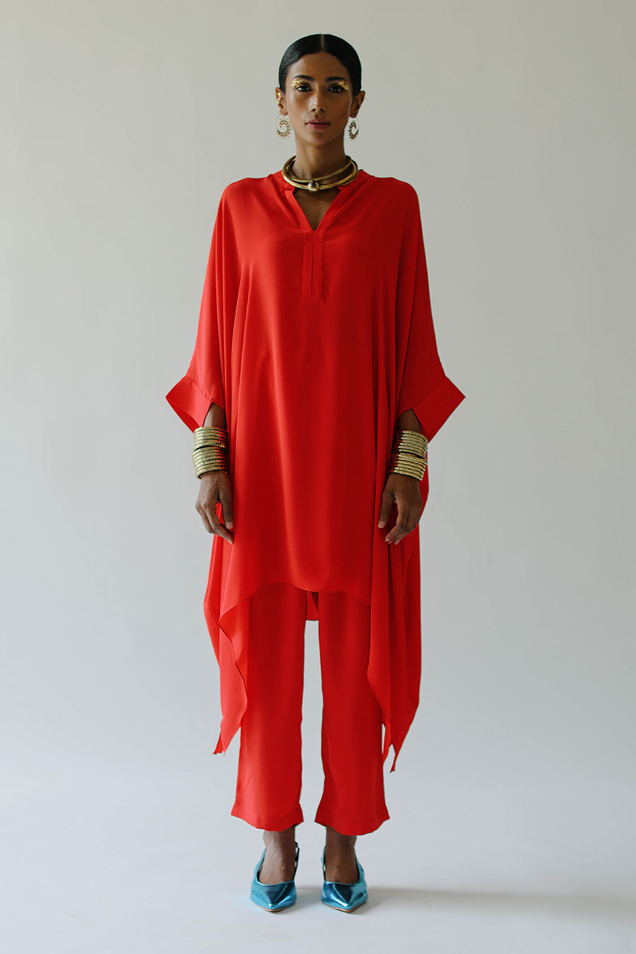 Red Fiery Short Kaftan & Pant Set