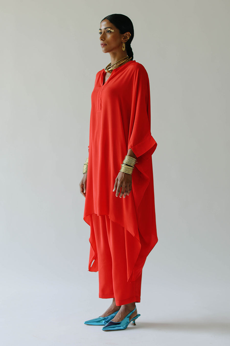 Red Fiery Short Kaftan & Pant Set