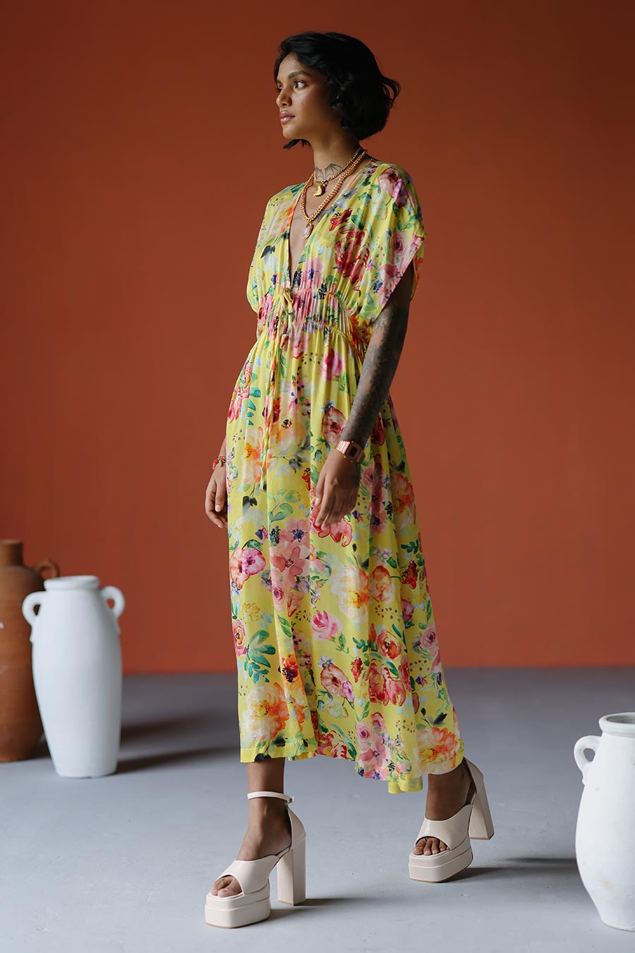 Yellow Printed Drawstring Midi Dress
