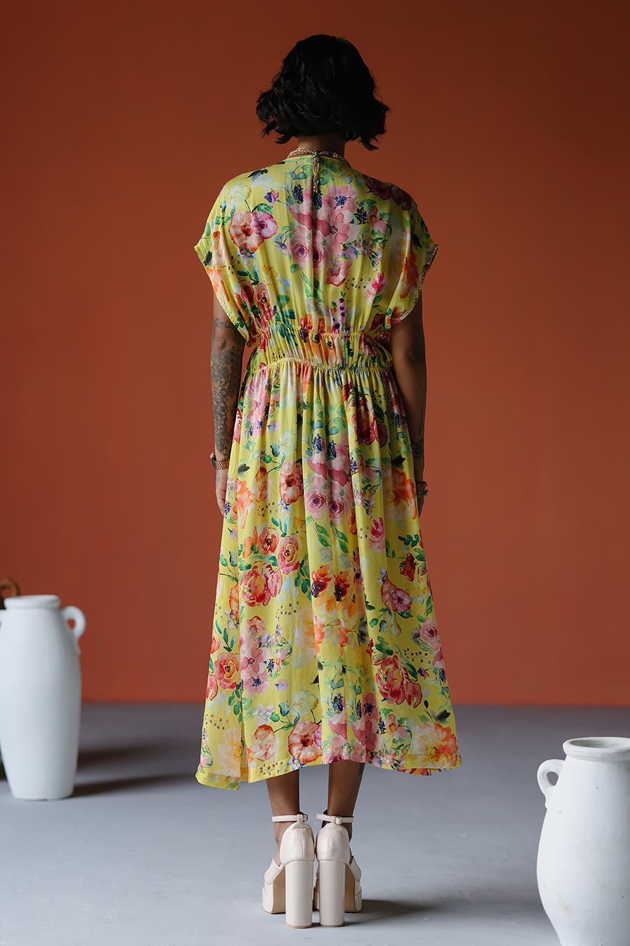 Yellow Printed Drawstring Midi Dress
