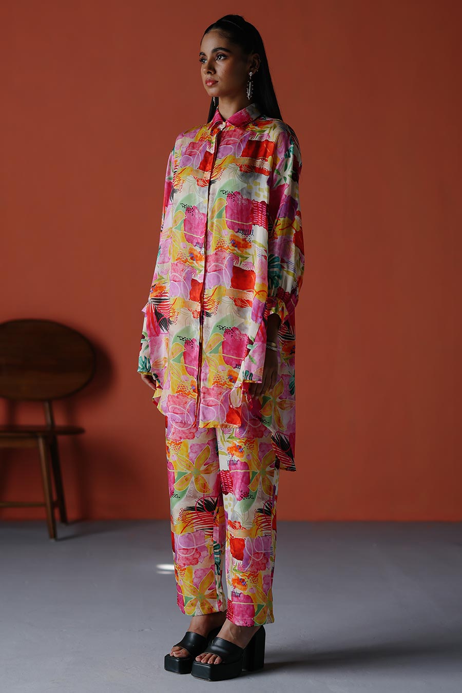 Pink Printed Indie Shirt & Pant Co-Ord Set