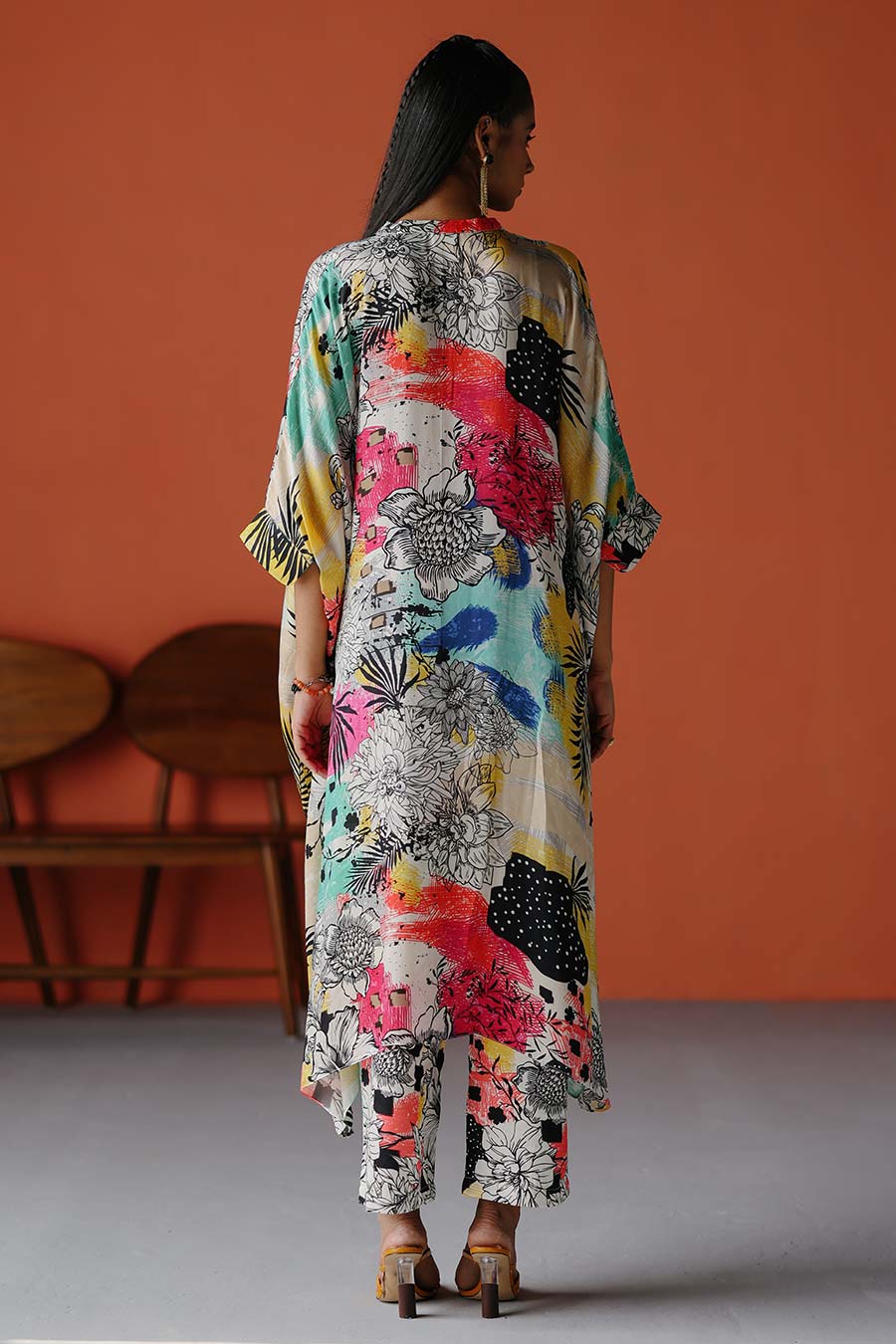 Ivory Printed Long Kaftan & Pant Co-Ord Set