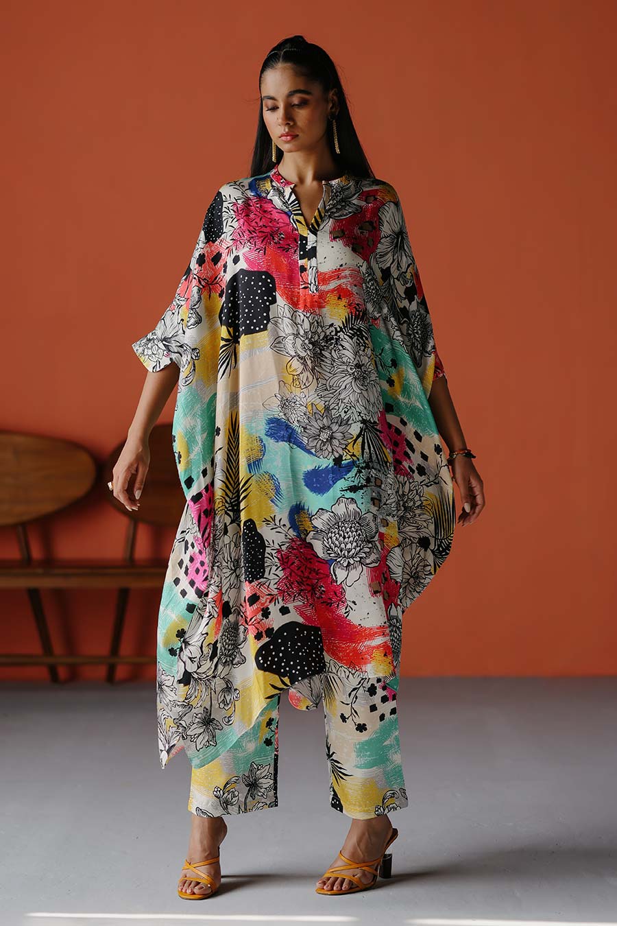 Ivory Printed Long Kaftan & Pant Co-Ord Set