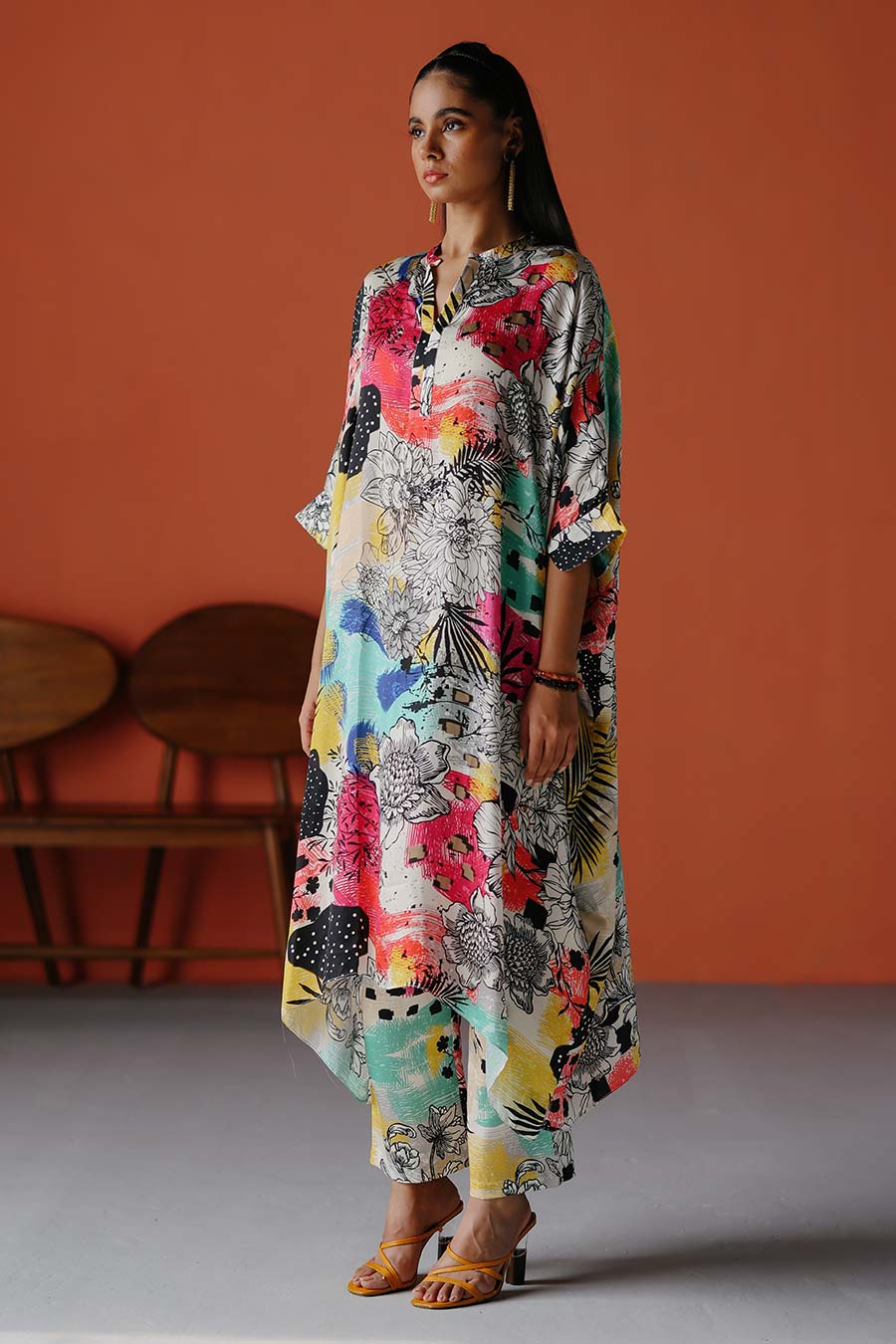 Ivory Printed Long Kaftan & Pant Co-Ord Set