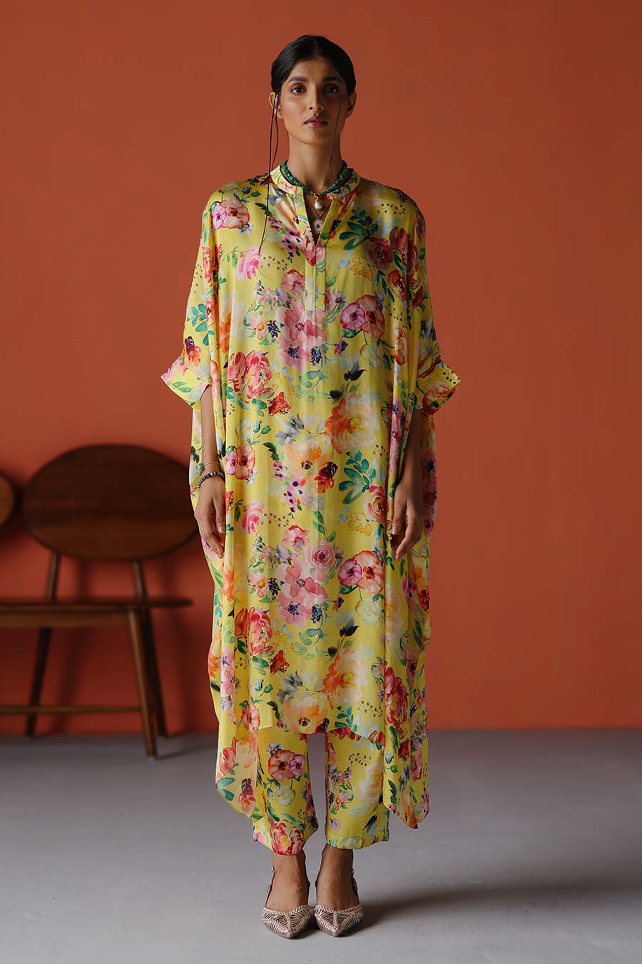 NEELI | Yellow Blue Striped Kaftan Co-ord Set | Gold Lace Trim Kurta Pant for Women