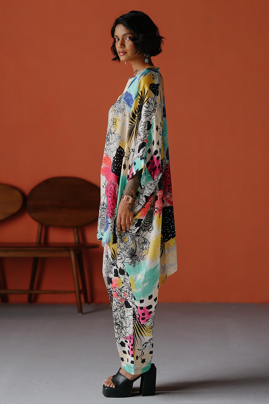Ivory Printed Short Kaftan & Pant Co-Ord Set