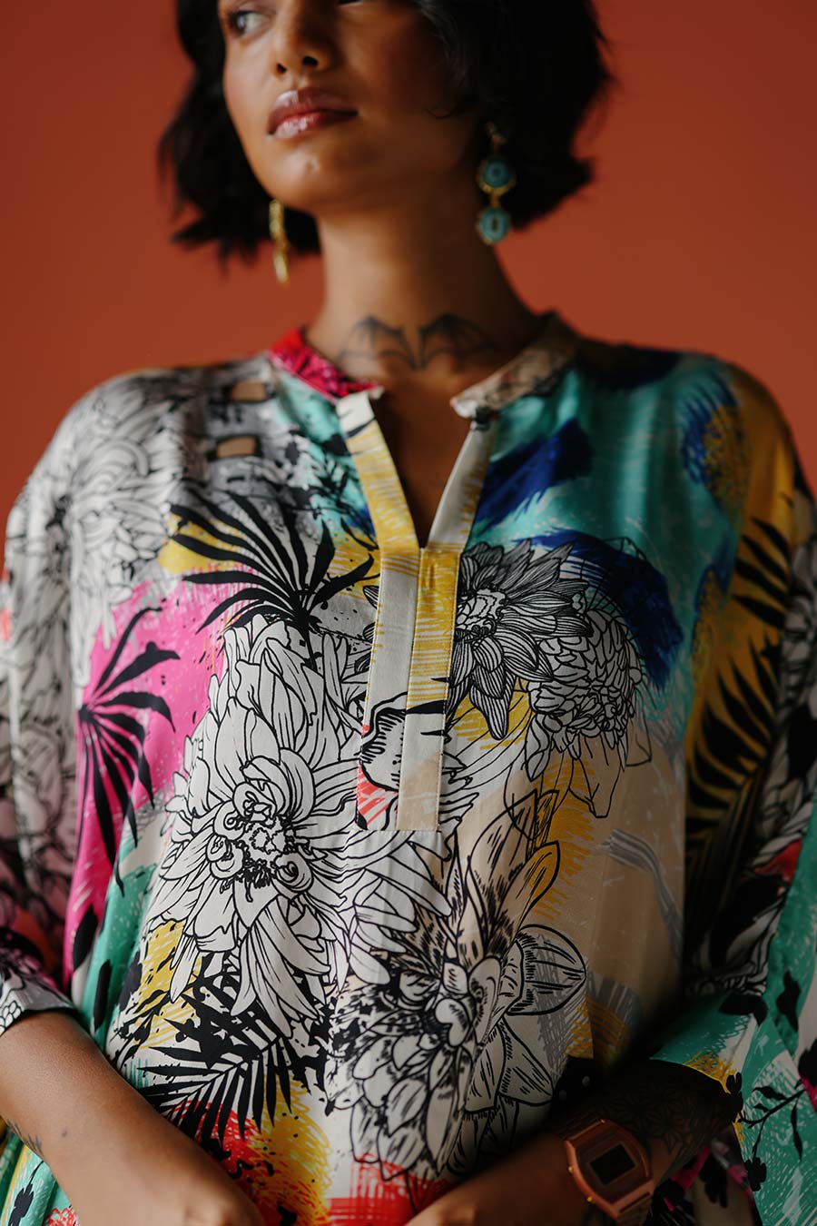 Ivory Printed Short Kaftan & Pant Co-Ord Set