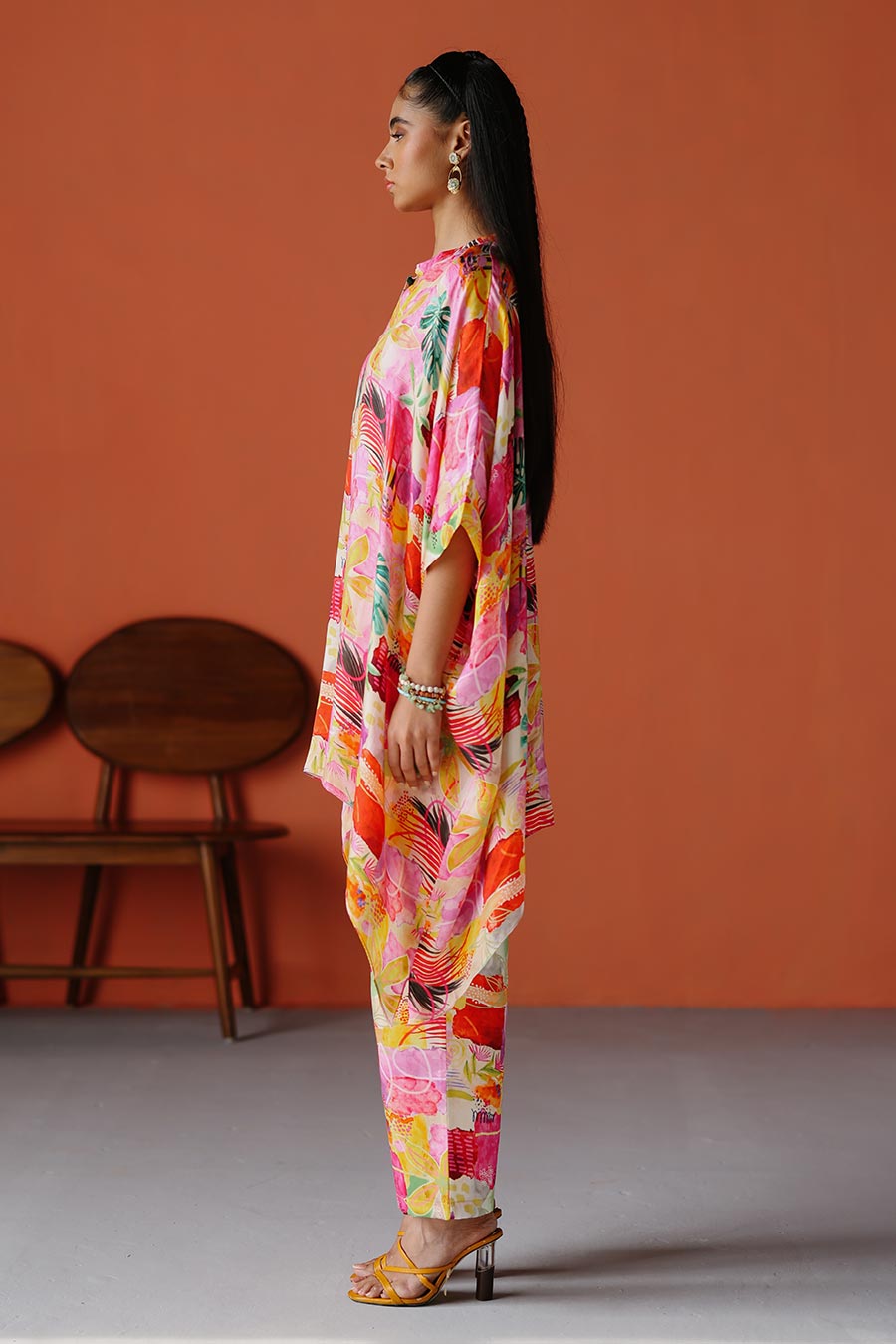 Pink Printed Short Kaftan & Pant Co-Ord Set