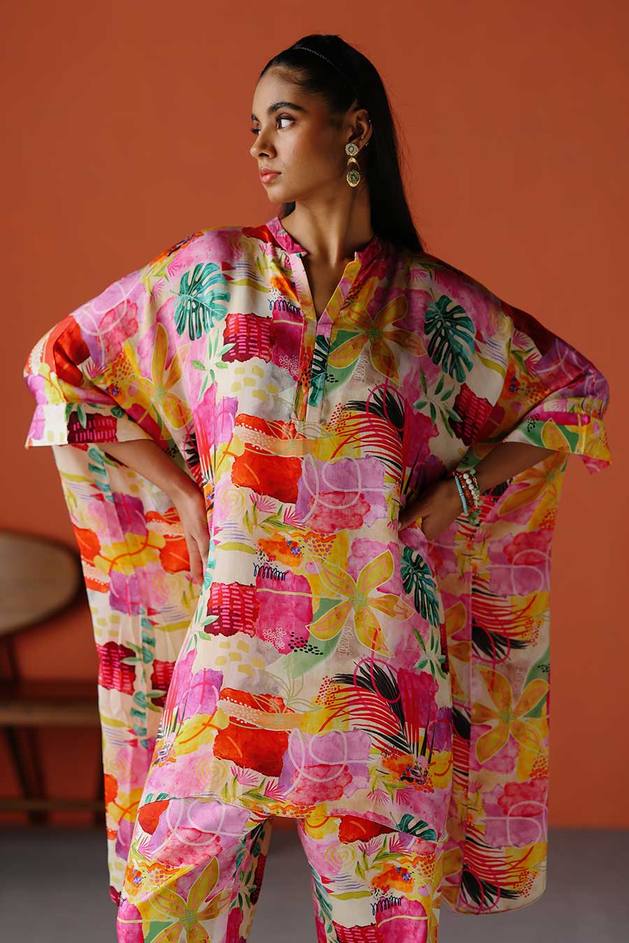 Pink Printed Short Kaftan & Pant Co-Ord Set