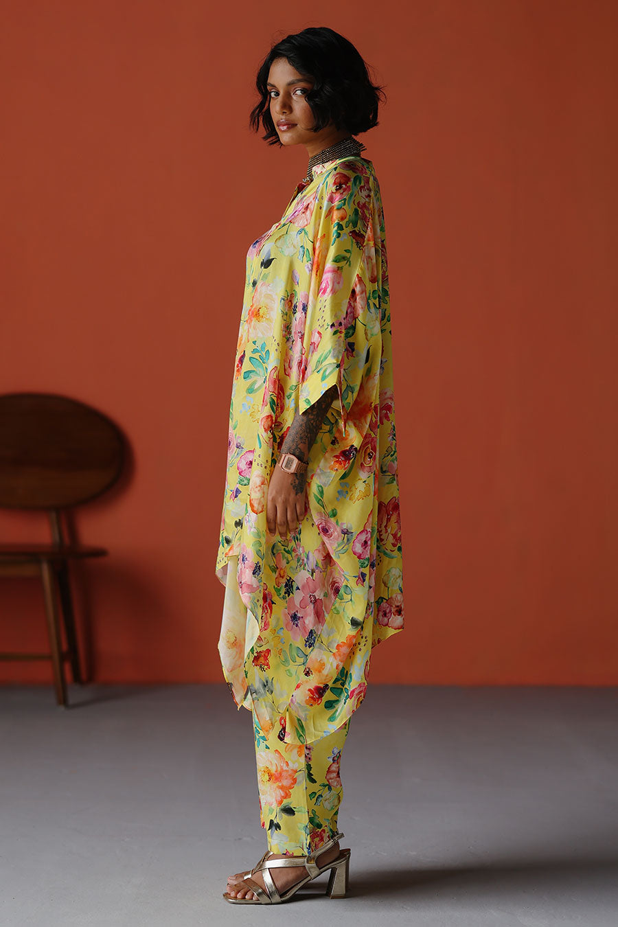 Yellow Printed Short Kaftan & Pant Co-Ord Set