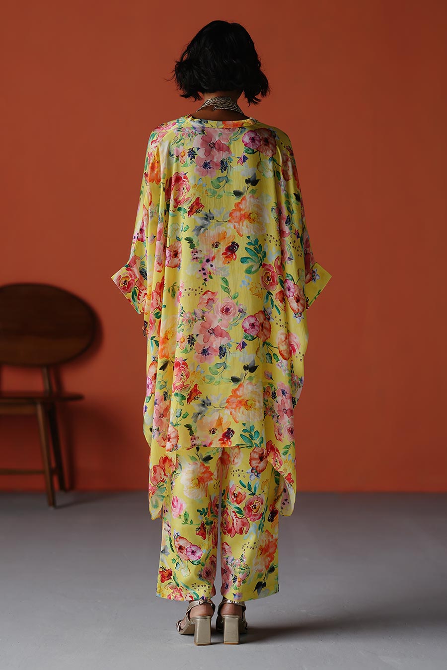 Yellow Printed Short Kaftan & Pant Co-Ord Set