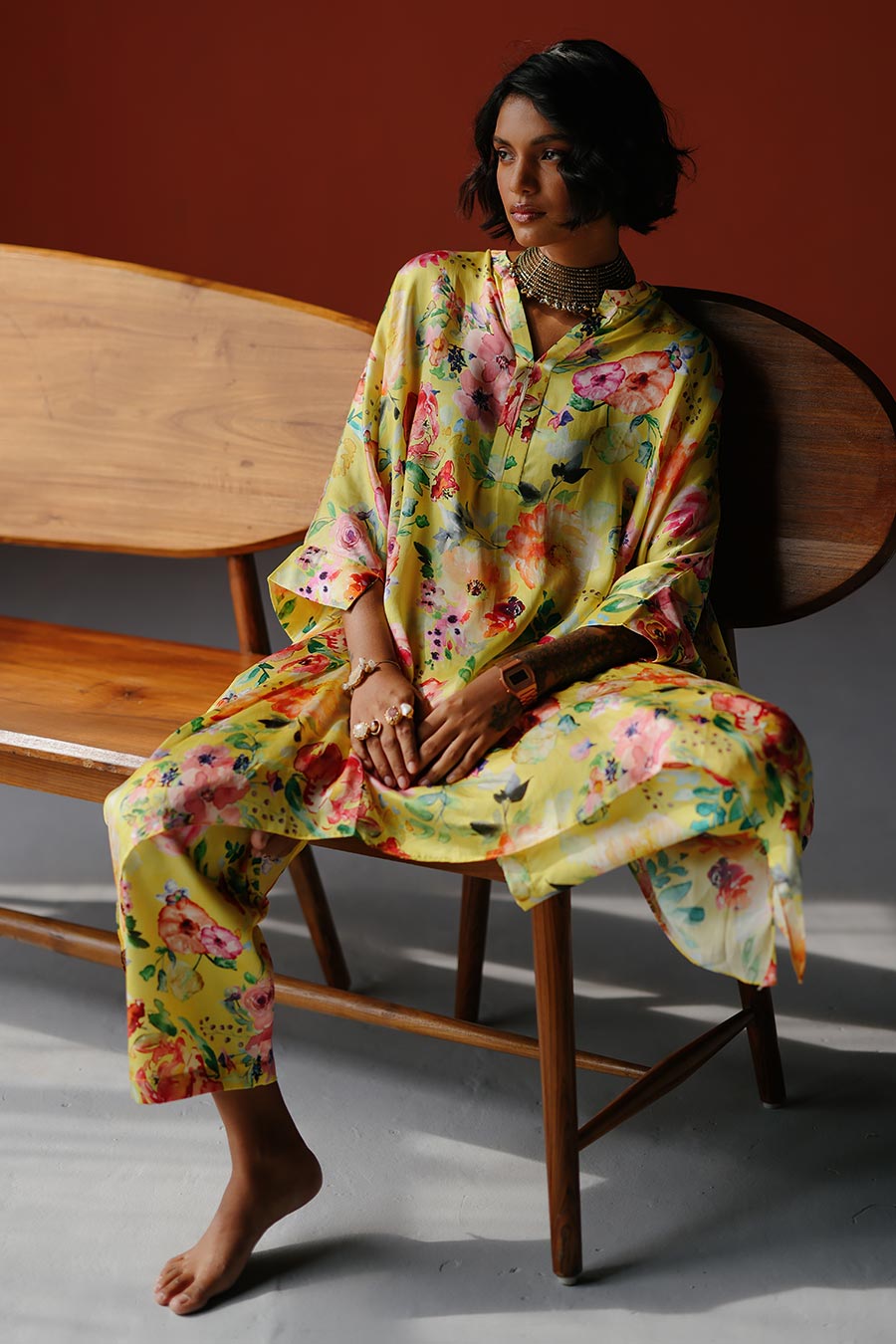 Yellow Printed Short Kaftan & Pant Co-Ord Set