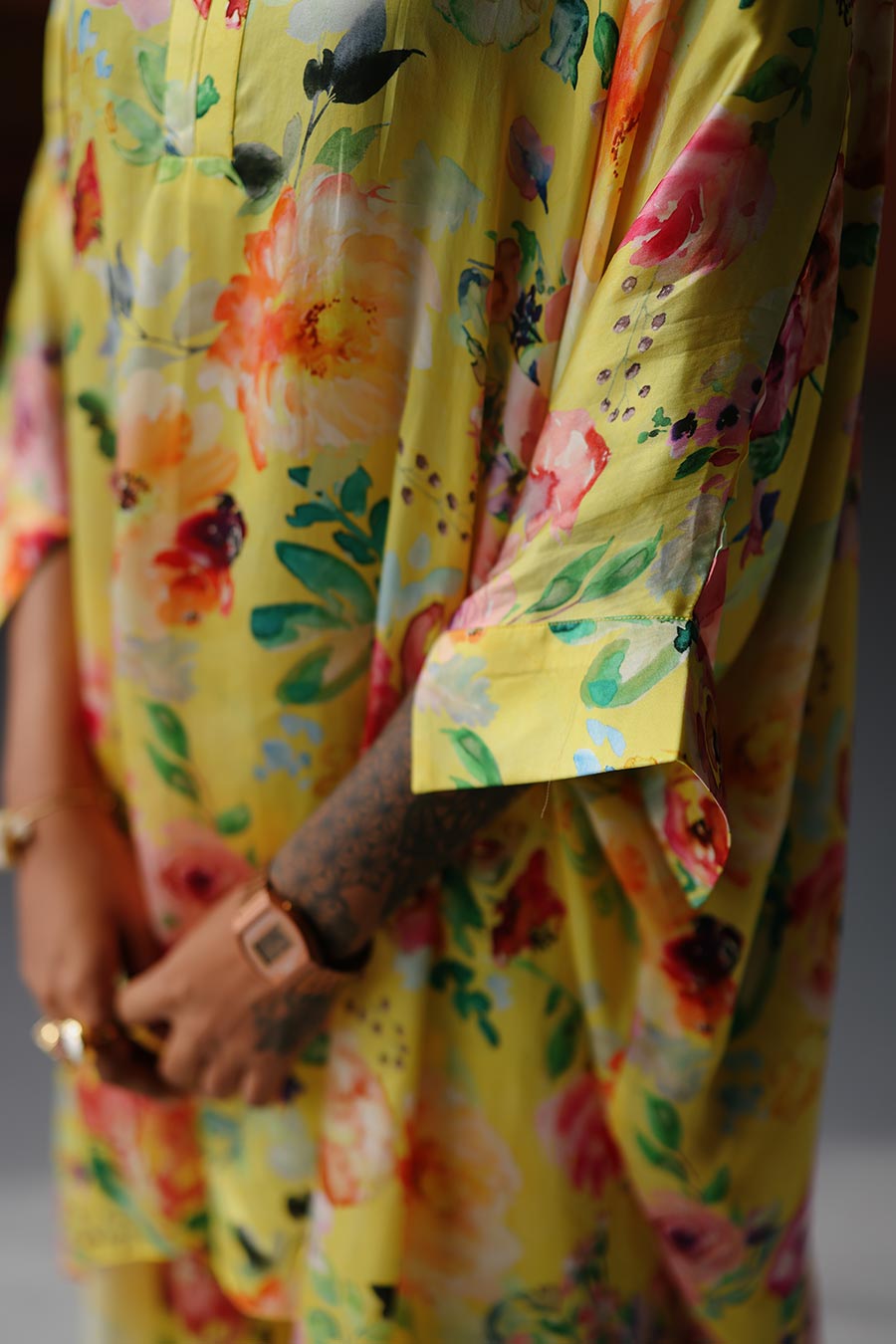 Yellow Printed Short Kaftan & Pant Co-Ord Set