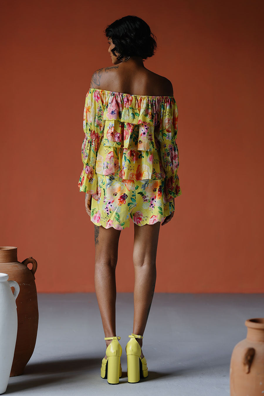 Yellow Printed Tier Top & Shorts Co-Ord Set