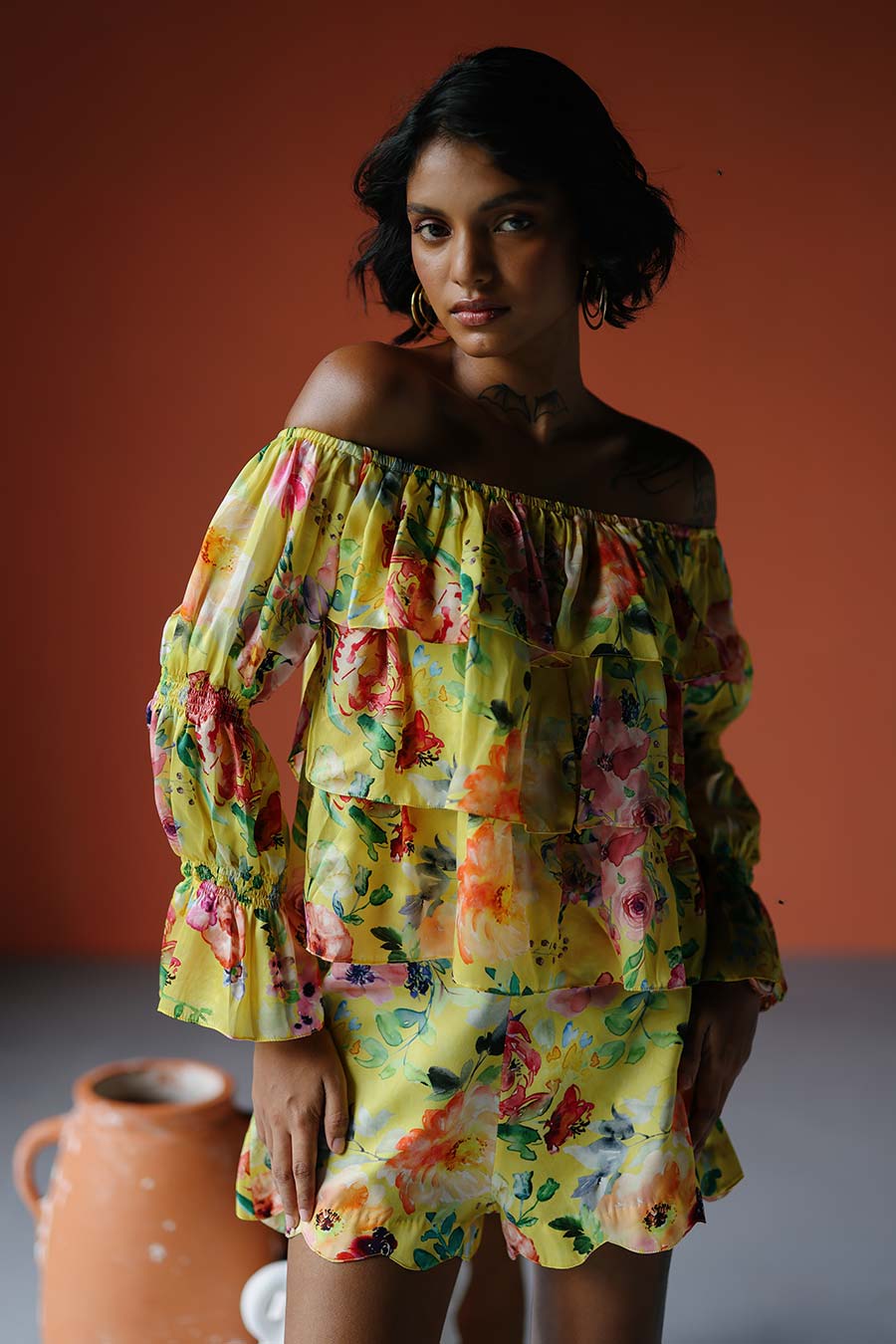 Yellow Printed Tier Top & Shorts Co-Ord Set