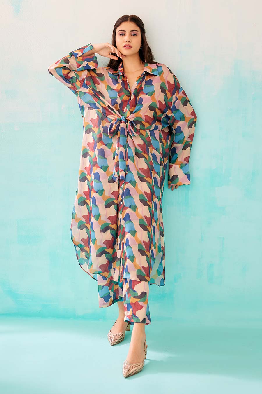 Abstract Print Knot Shirt Dress & Pant Co-Ord Set