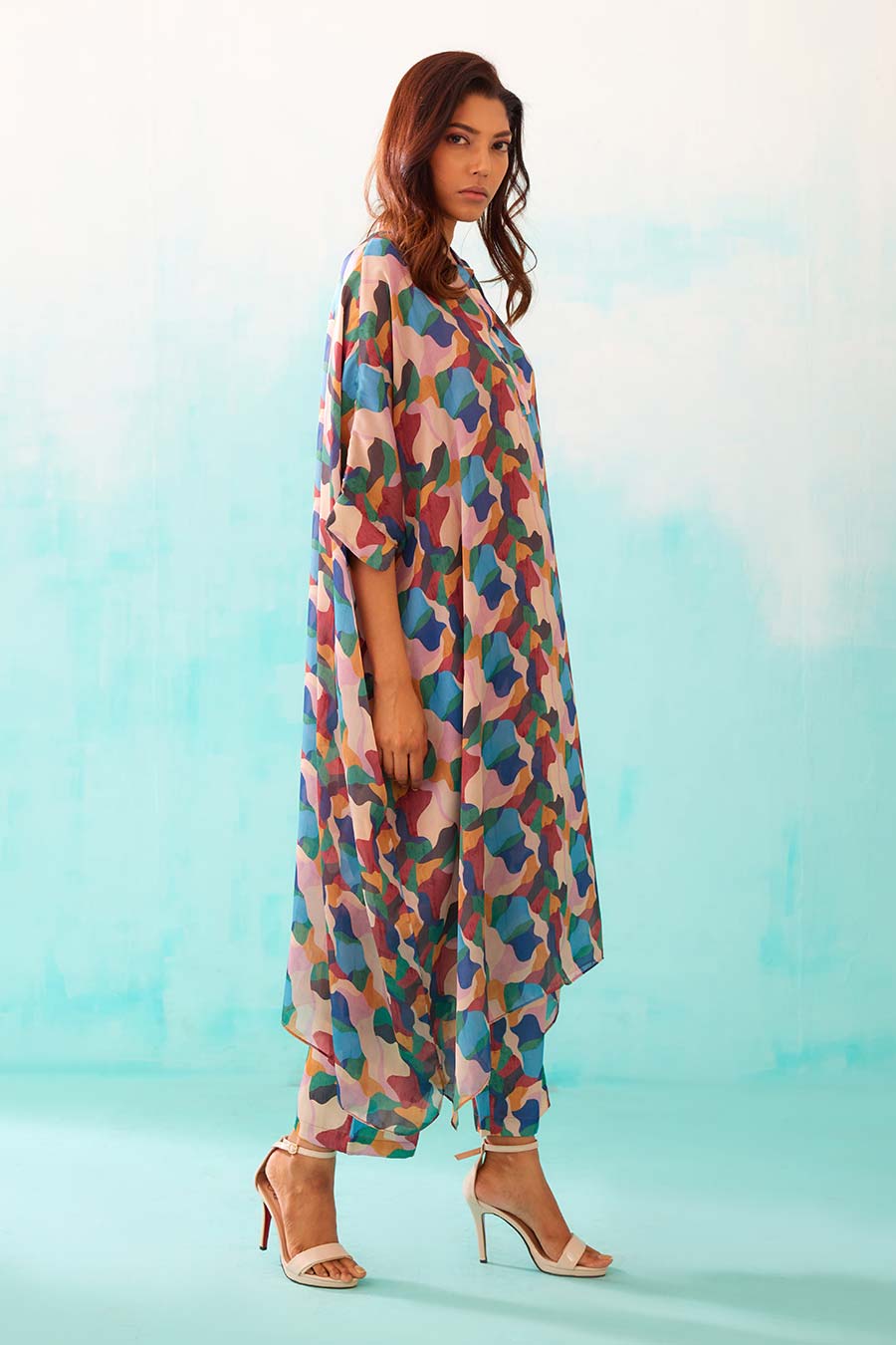 Abstract Print Long Kaftan & Pant Co-Ord Set