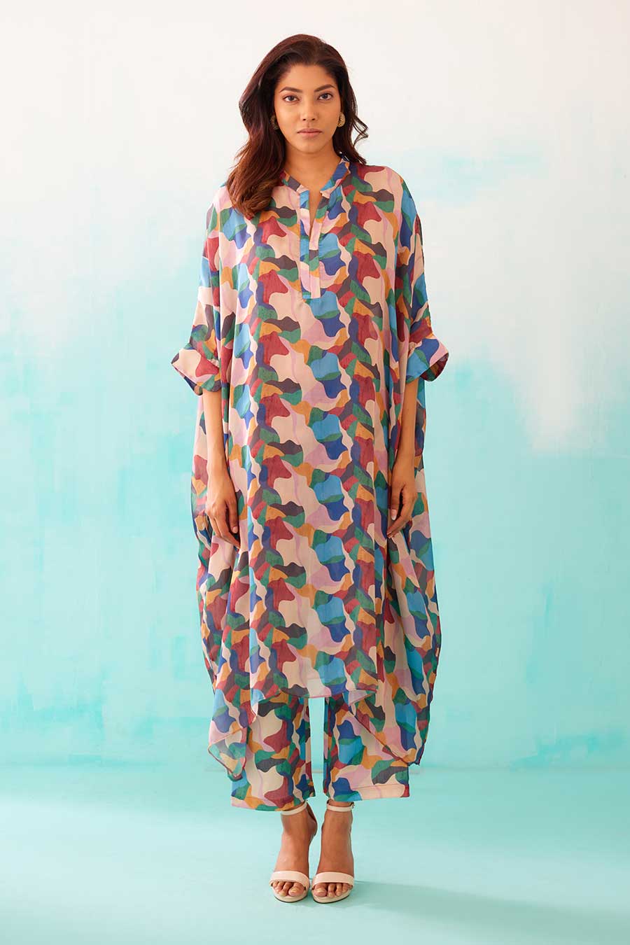 Abstract Print Long Kaftan & Pant Co-Ord Set