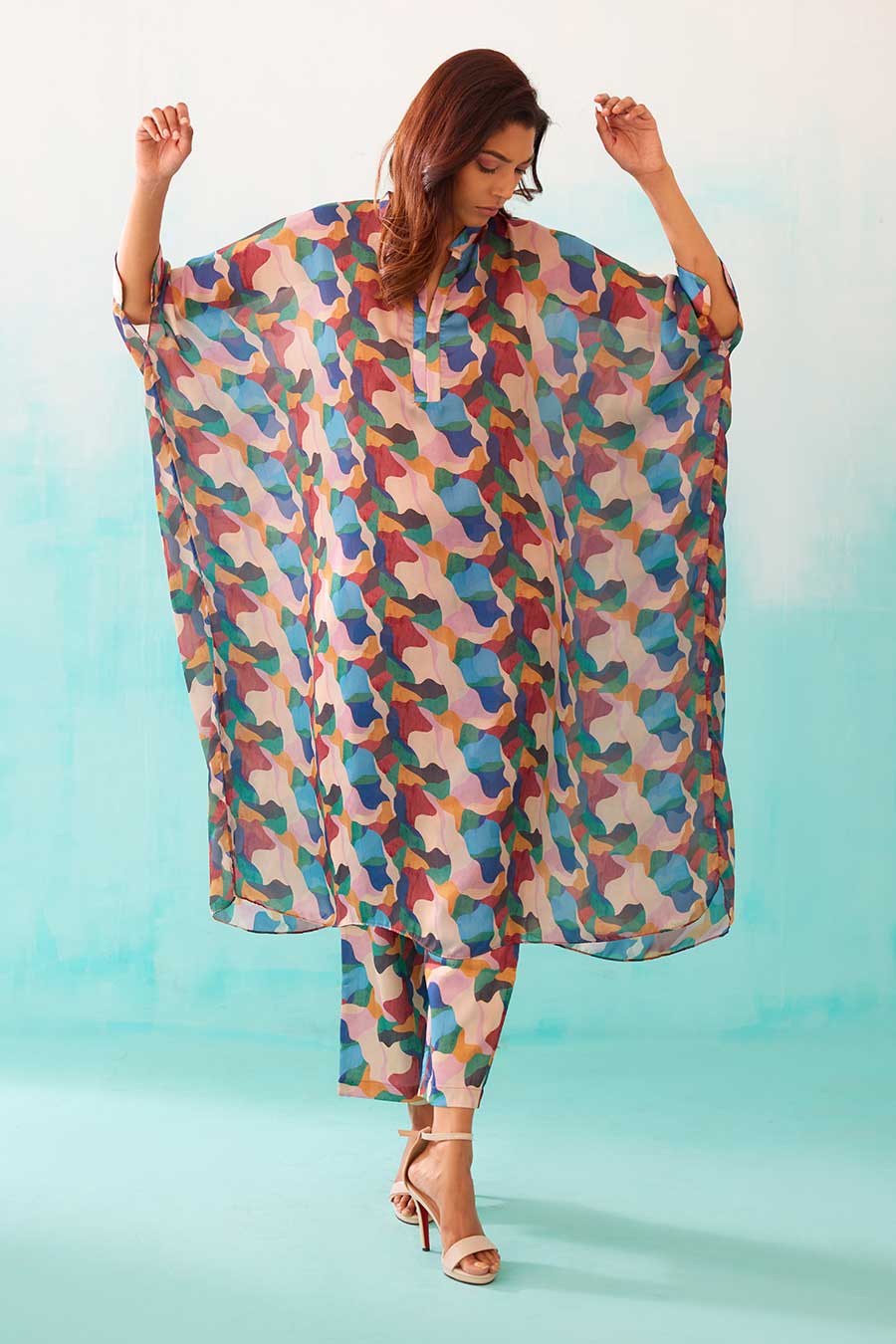 Abstract Print Long Kaftan & Pant Co-Ord Set