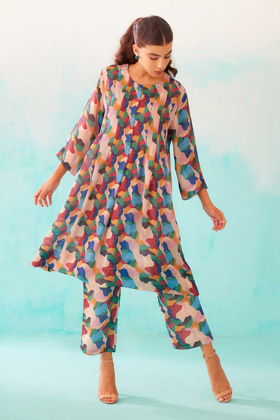 Abstract Print Pleated Tunic & Pant Co-Ord Set