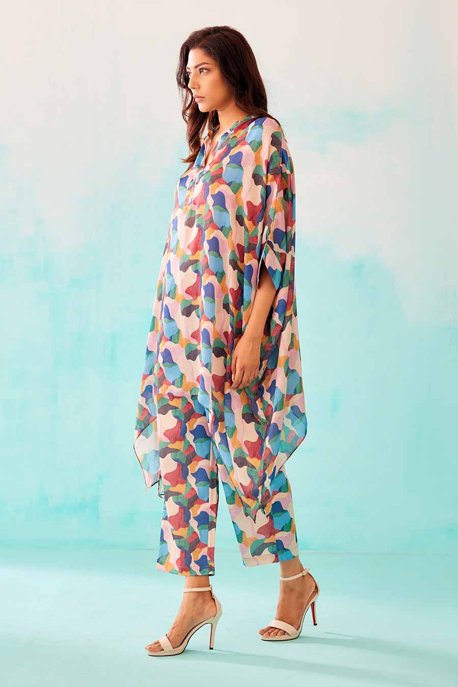 Abstract Print Short Kaftan & Pant Co-Ord Set