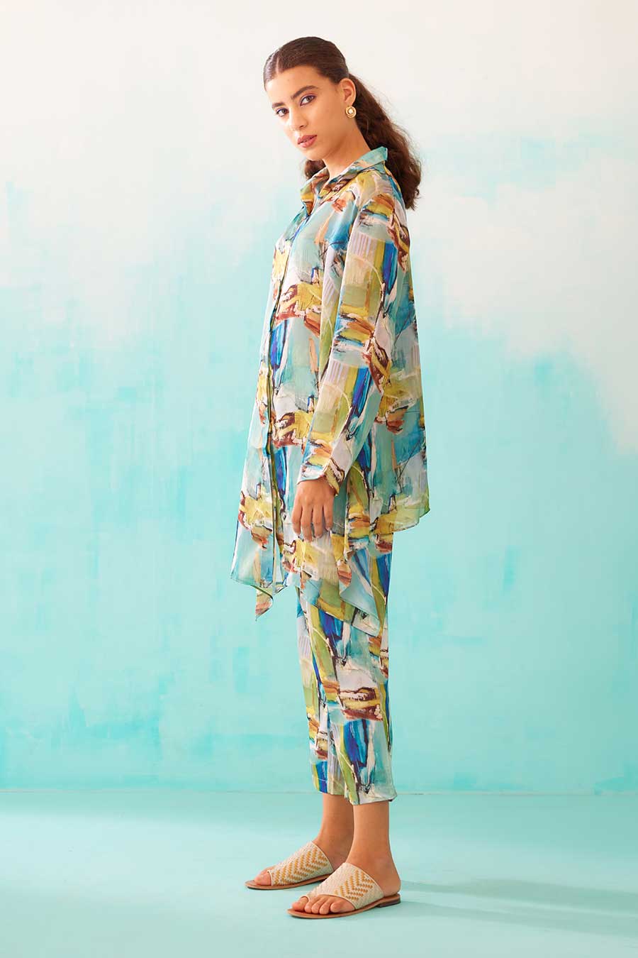 Brushstroke Print Low Back Shirt & Pant Co-Ord Set