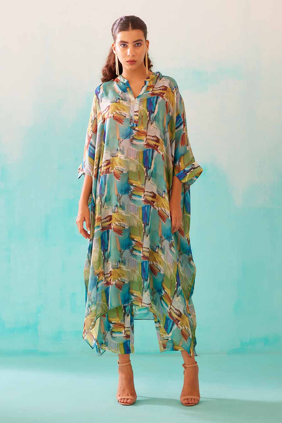 Brushstroke Print Long Kaftan & Pant Co-Ord Set