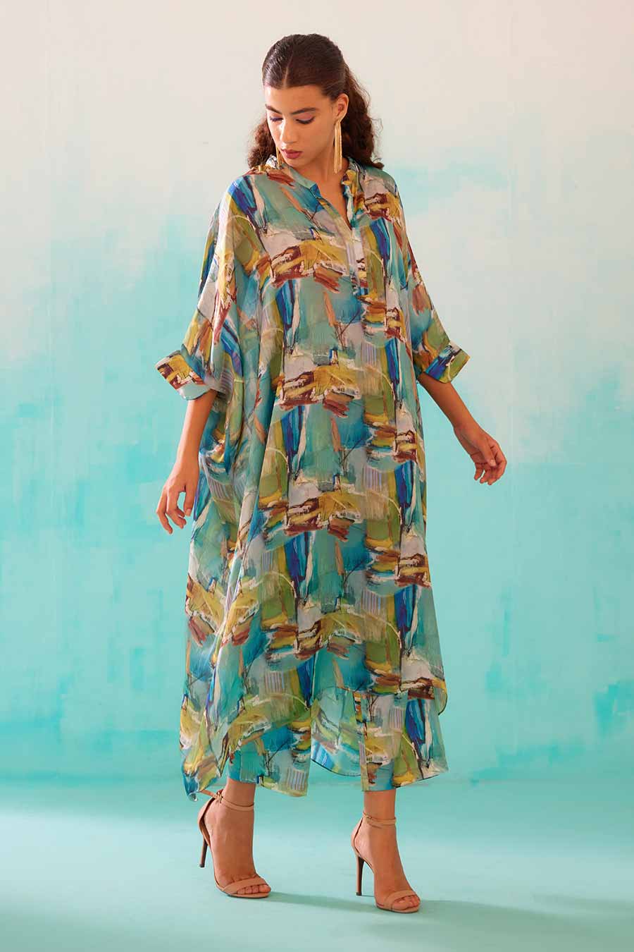 Brushstroke Print Long Kaftan & Pant Co-Ord Set