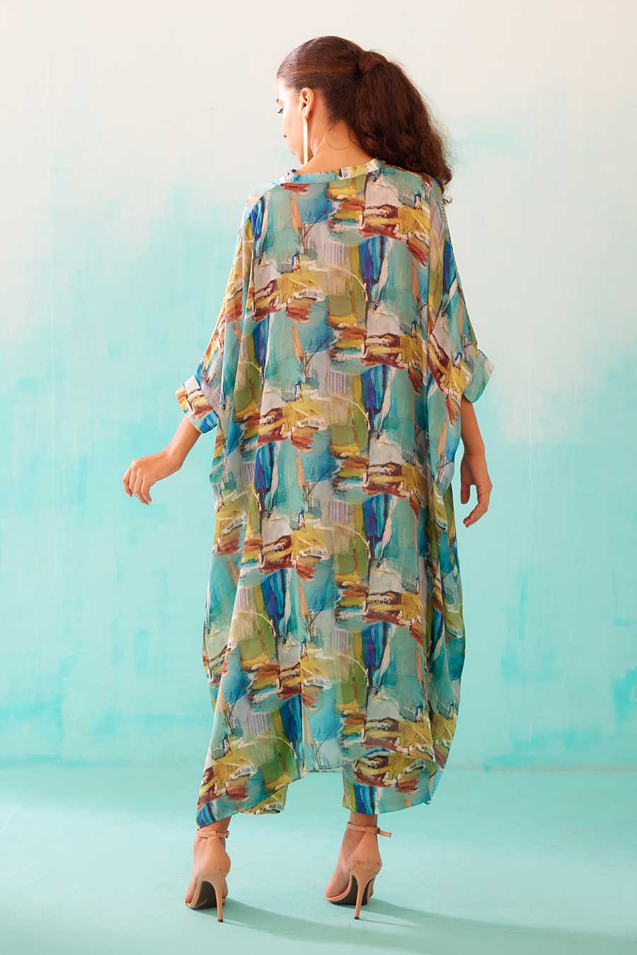 Brushstroke Print Long Kaftan & Pant Co-Ord Set