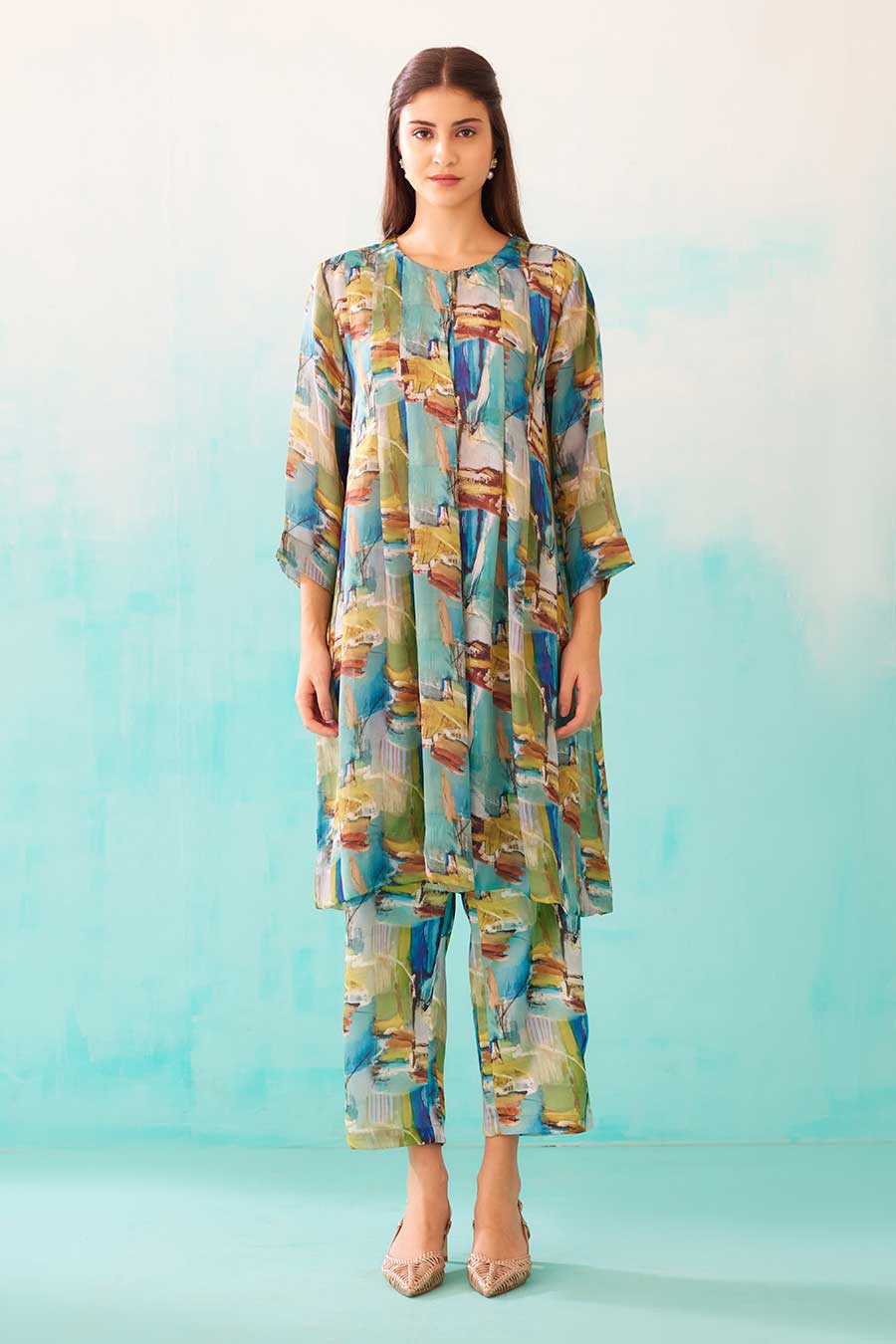 Brushstroke Print Pleated Tunic & Pant Co-Ord Set