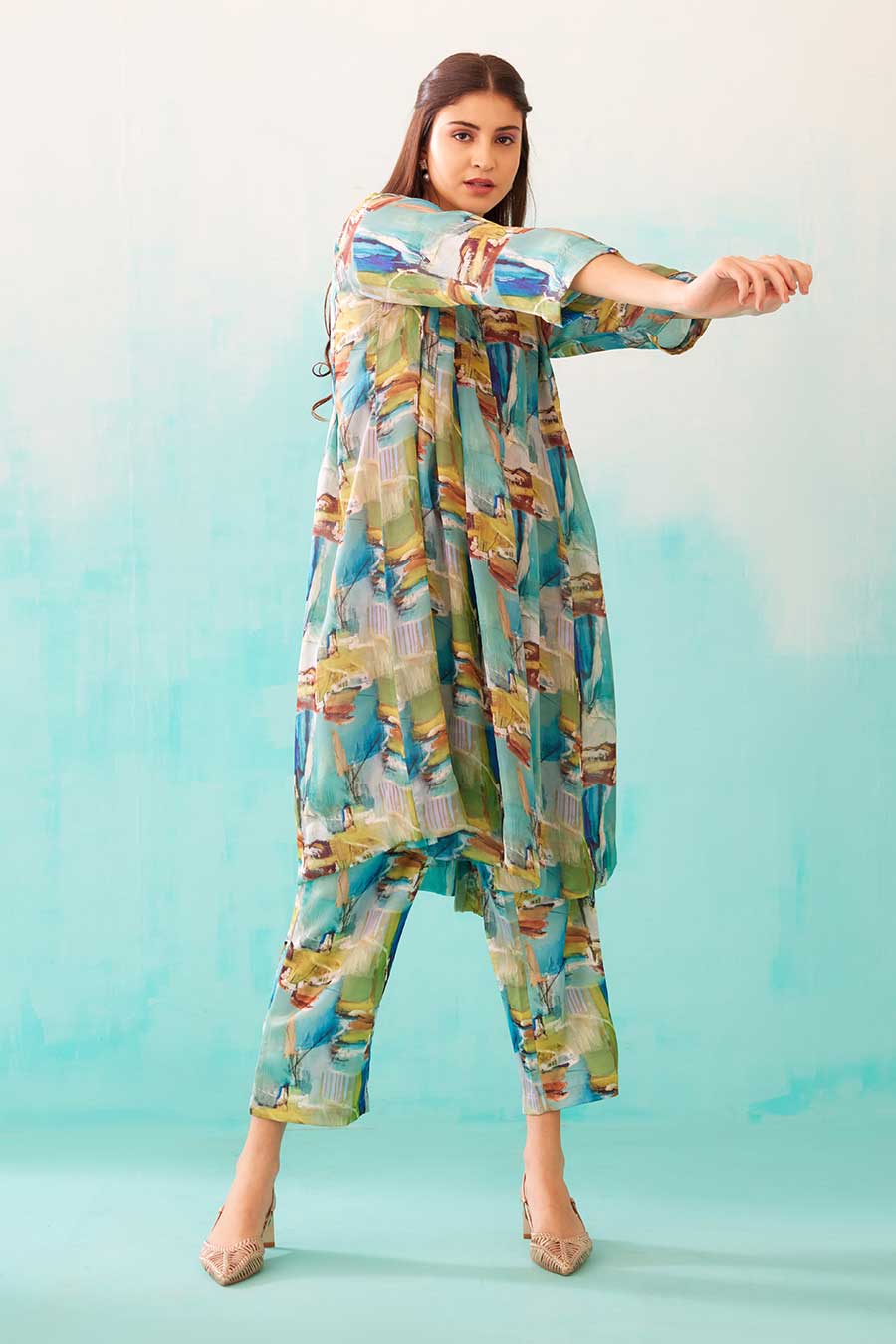 Brushstroke Print Pleated Tunic & Pant Co-Ord Set