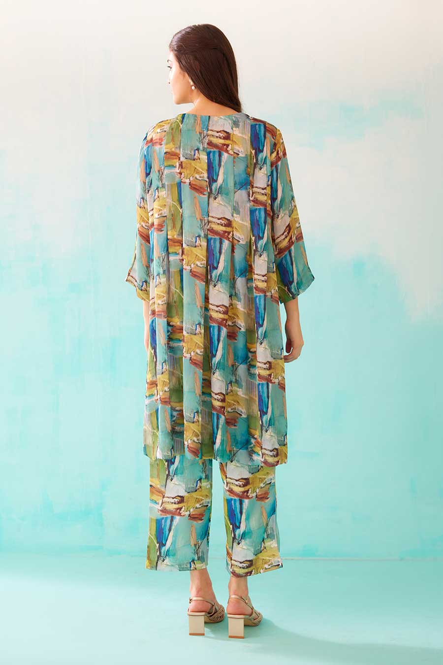 Brushstroke Print Pleated Tunic & Pant Co-Ord Set