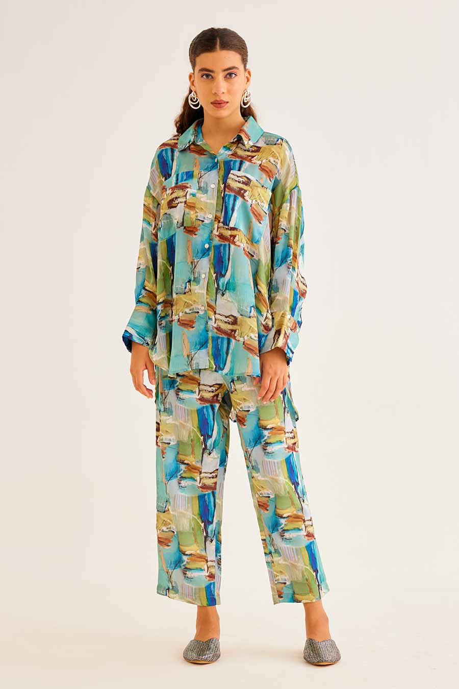 Brushstroke Print Pocket Shirt & Pant Co-Ord Set