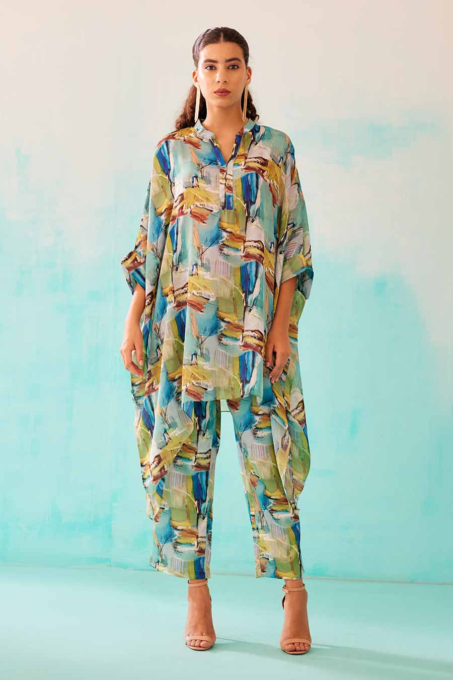 Brushstroke Print Short Kaftan & Pant Co-Ord Set