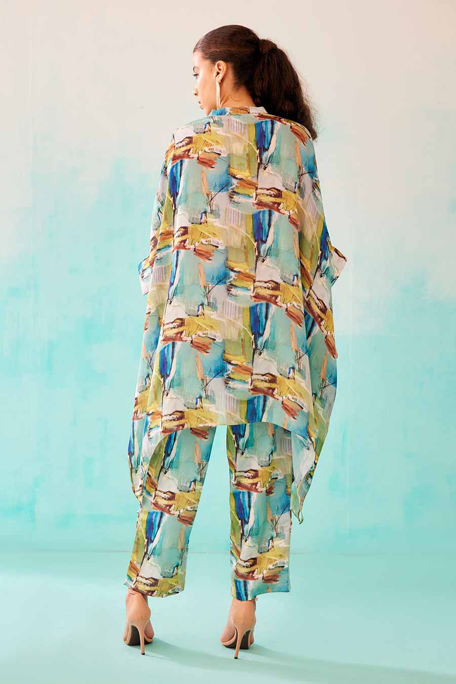 Brushstroke Print Short Kaftan & Pant Co-Ord Set