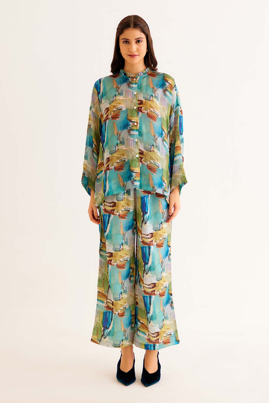 Brushstroke Print Victorian Shirt & Pant Co-Ord Set