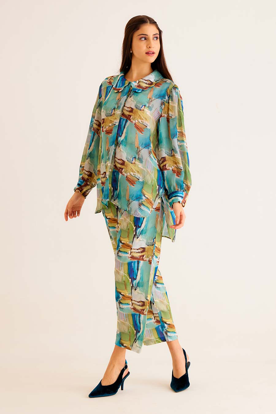 Brushstroke Print Vintage Shirt & Pant Co-Ord Set