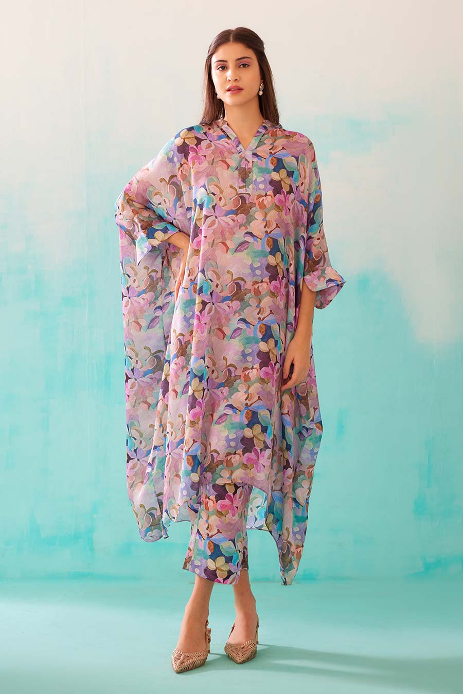 Floral Print Long Kaftan & Pant Co-Ord Set