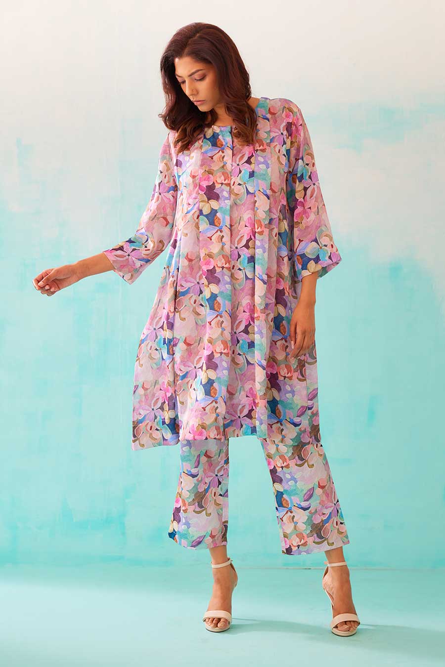 Floral Print Pleated Tunic & Pant Co-Ord Set