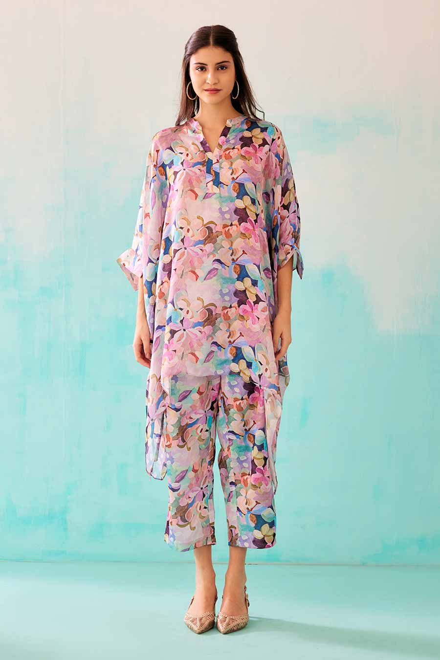 Floral Print Short Kaftan & Pant Co-Ord Set