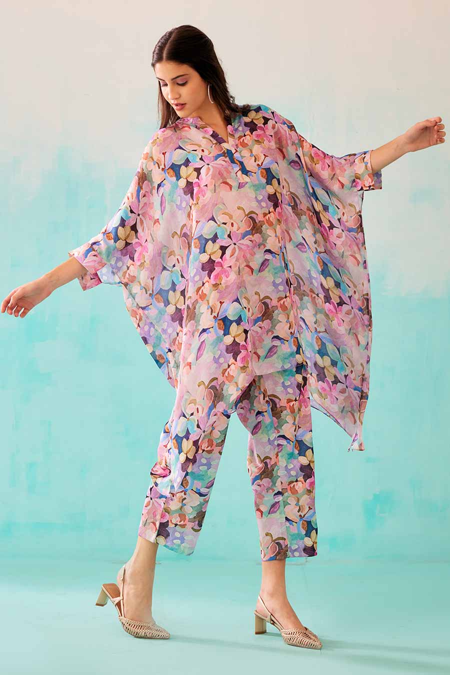 Floral Print Short Kaftan & Pant Co-Ord Set