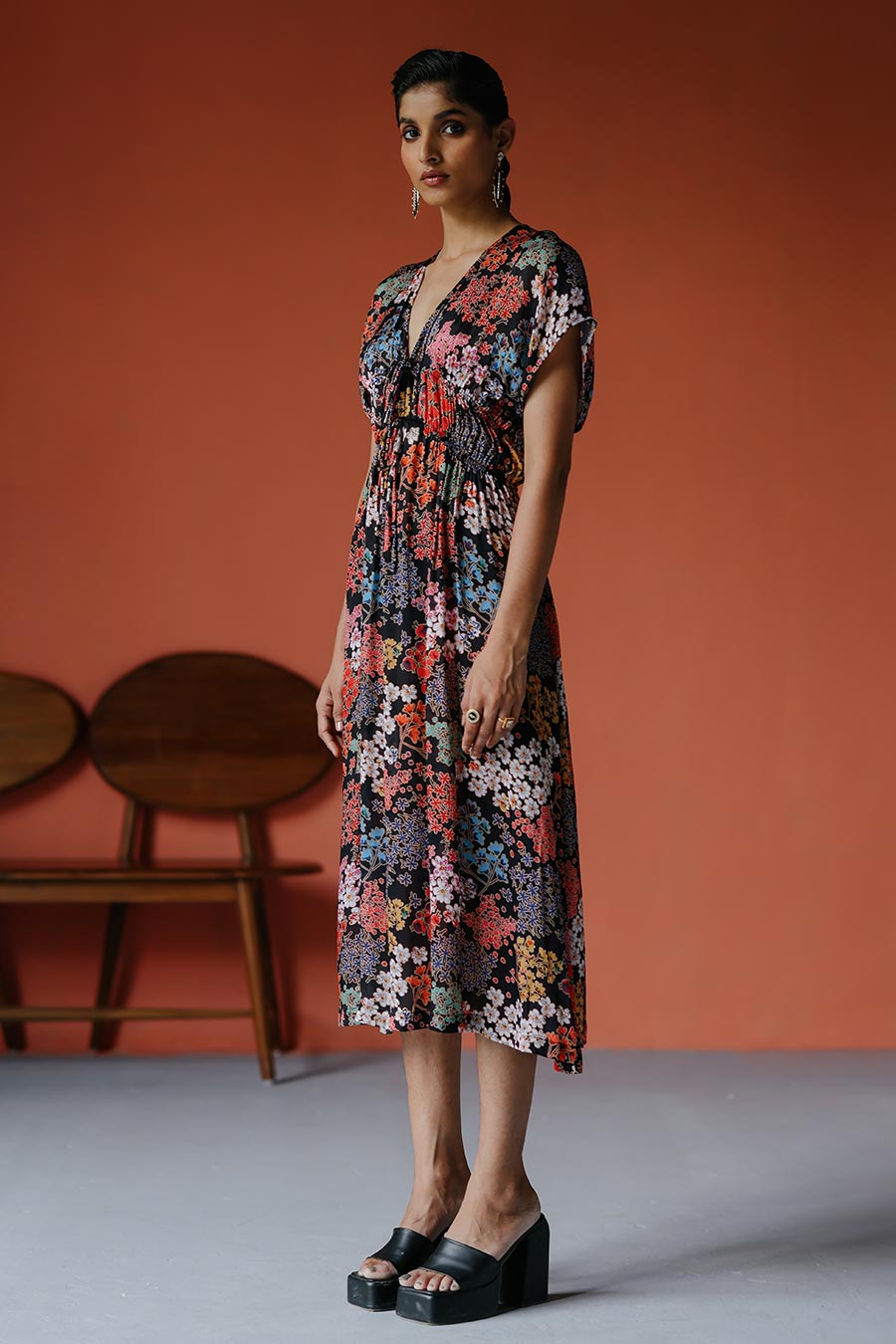 Printed Drawstring Midi Dress