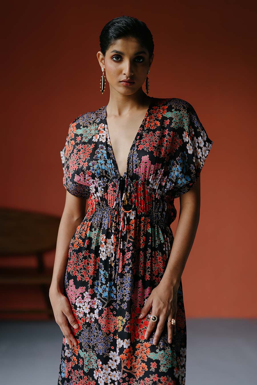 Printed Drawstring Midi Dress
