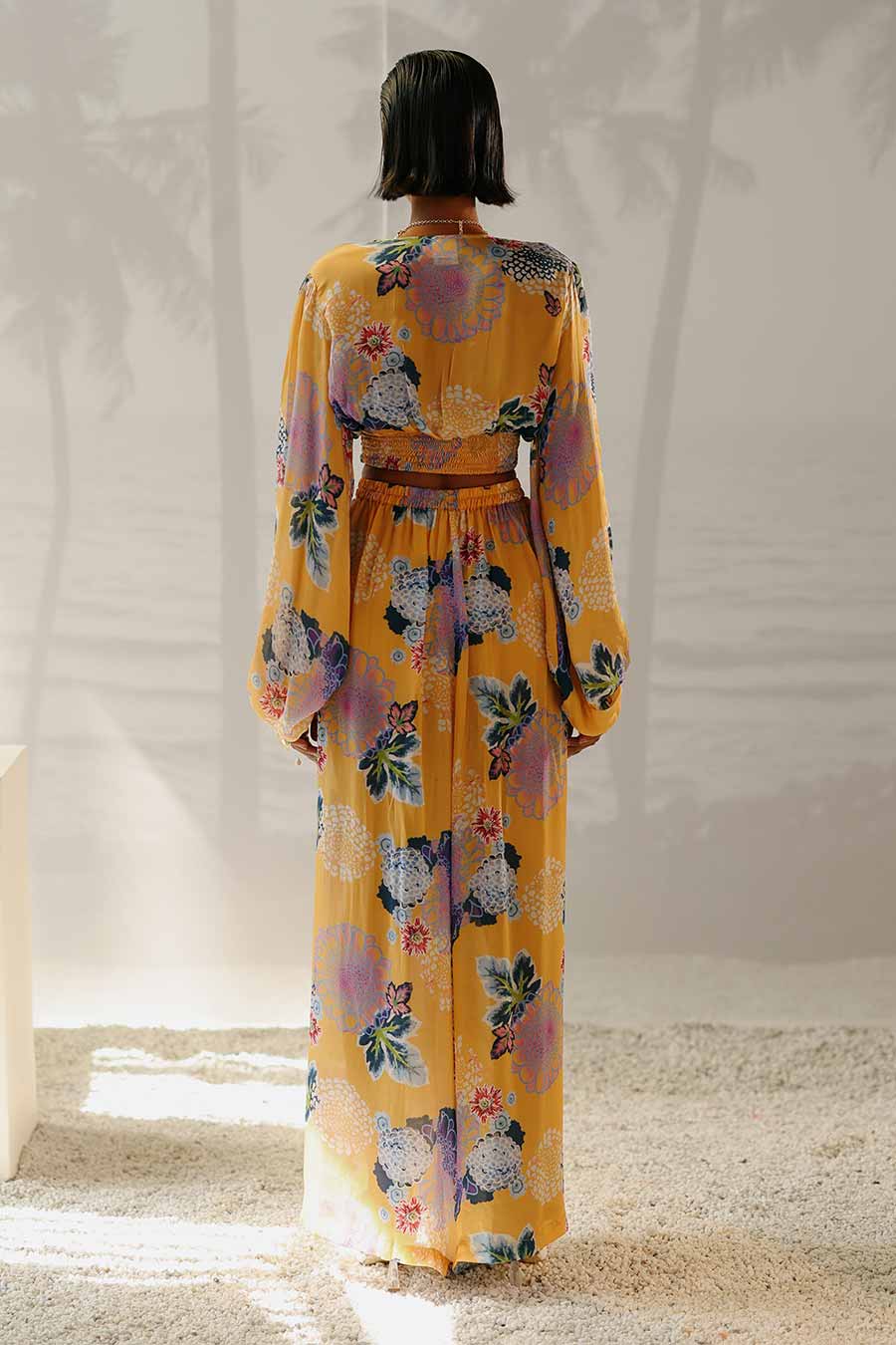 Yellow Printed Smocked Crop Top & Pant Co-Ord Set